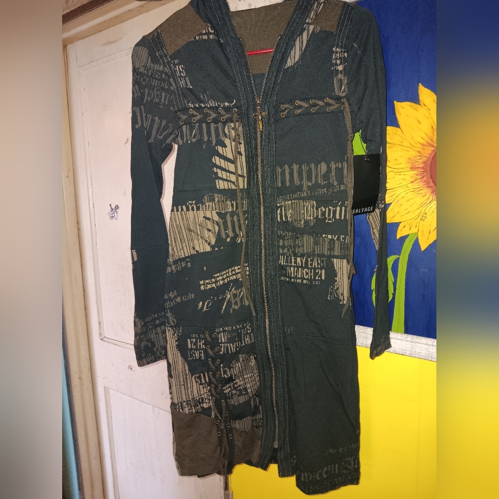 NWT SALVAGE Dark Green Insane Graphics Hooded Zip-Up Jacket Dress.